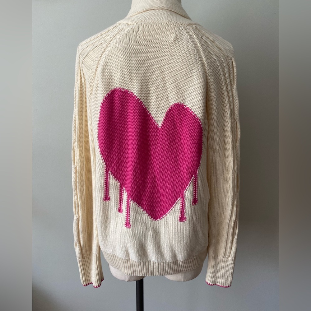 Keri Rosenthal pink drippy heart cardigan. Medium